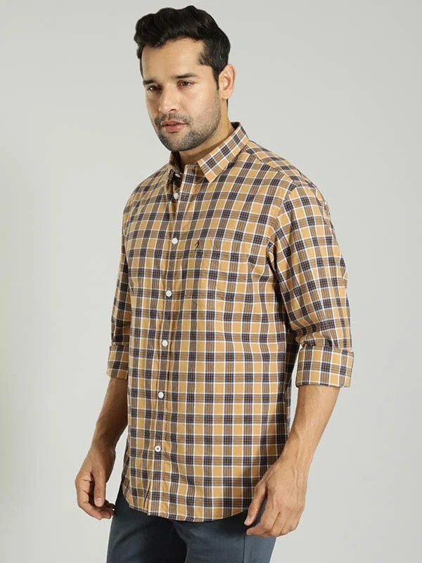 Indian Terrain Men's Slim Fit Full Sleeve Checkered Khaki Shirt